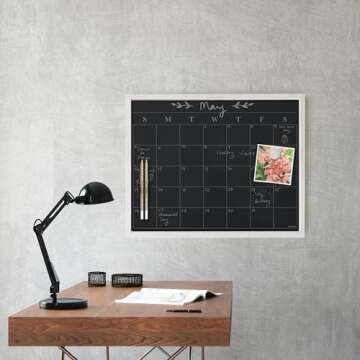 U Brands Magnetic Chalk Calendar Board, 20"x16", Whitewashed Wood Style Frame, includes Chalk Pencils and Magnets