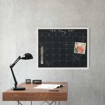U Brands Magnetic Chalk Calendar Board, 20"x16", Whitewashed Wood Style Frame, includes Chalk Pencils and Magnets