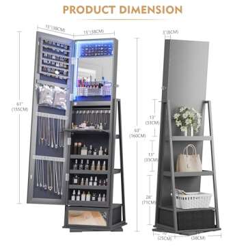 Lvifur 360° Rotating Jewelry Armoire with Full Length Mirror, Large Capacity 3 Color Dimmable Jewel...