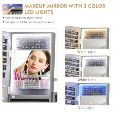 Lvifur 360° Rotating Jewelry Armoire with Full Length Mirror, Large Capacity 3 Color Dimmable Jewelry Organizer Armoire, Lockable Floor Standing Mirror Cabinet with Drawer for Bedroom, Cloakroom