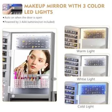 Lvifur 360° Rotating Jewelry Armoire with Full Length Mirror, Large Capacity 3 Color Dimmable Jewelry Organizer Armoire, Lockable Floor Standing Mirror Cabinet with Drawer for Bedroom, Cloakroom