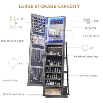 Lvifur 360° Rotating Jewelry Armoire with Full Length Mirror, Large Capacity 3 Color Dimmable Jewelry Organizer Armoire, Lockable Floor Standing Mirror Cabinet with Drawer for Bedroom, Cloakroom