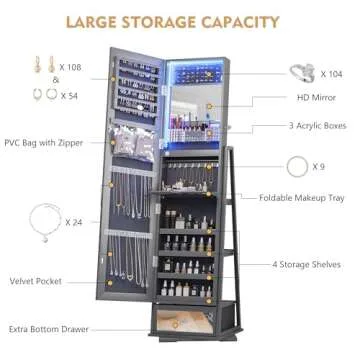 Lvifur 360° Rotating Jewelry Armoire with Full Length Mirror, Large Capacity 3 Color Dimmable Jewelry Organizer Armoire, Lockable Floor Standing Mirror Cabinet with Drawer for Bedroom, Cloakroom