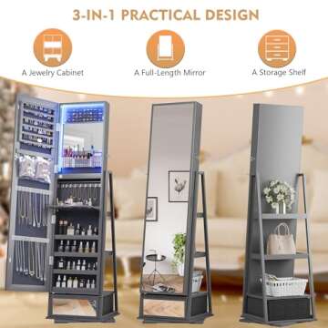 Lvifur 360° Rotating Jewelry Armoire with Full Length Mirror, Large Capacity 3 Color Dimmable Jewelry Organizer Armoire, Lockable Floor Standing Mirror Cabinet with Drawer for Bedroom, Cloakroom