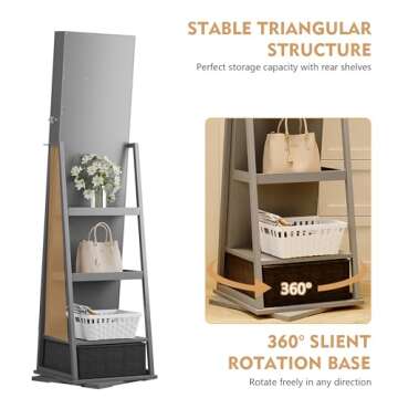 Lvifur 360° Rotating Jewelry Armoire with Full Length Mirror, Large Capacity 3 Color Dimmable Jewelry Organizer Armoire, Lockable Floor Standing Mirror Cabinet with Drawer for Bedroom, Cloakroom