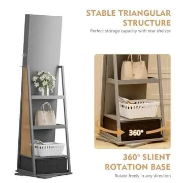 Lvifur 360° Rotating Jewelry Armoire with Full Length Mirror, Large Capacity 3 Color Dimmable Jewelry Organizer Armoire, Lockable Floor Standing Mirror Cabinet with Drawer for Bedroom, Cloakroom