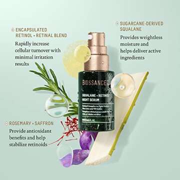 Biossance Squalane + Retinol Serum. Encapsulated Time-Release Retinol to Reduce Fine, Lines, Wrinkles, Discoloration and Texture. Cell Turnover with Minimal Irritation (1.01 fl oz)