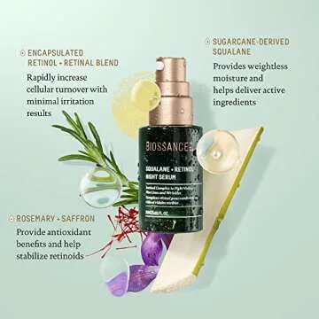 Biossance Squalane + Retinol Serum. Encapsulated Time-Release Retinol to Reduce Fine, Lines, Wrinkles, Discoloration and Texture. Cell Turnover with Minimal Irritation (1.01 fl oz)