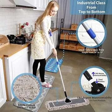 JINCLEAN 24" Industrial Cotton Floor Dust Mop with adjustable Steel Handle - Commercial Mops for Har...