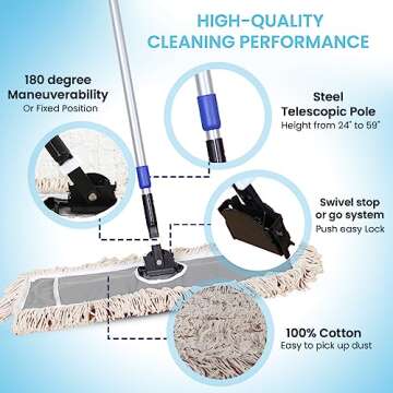 JINCLEAN 24" Industrial Cotton Floor Dust Mop with adjustable Steel Handle - Commercial Mops for Hardwood, Tiles, Laminate, Vinyl, Garage epoxy, Bamboo surface cleaning and Flooring Push Dust Broom