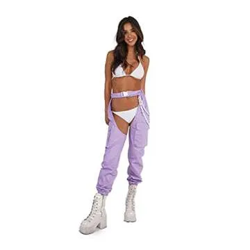 iHeartRaves Baby Doll Chain High Waisted Rave Chaps for Women Sexy Cut Out Festival Pants and Rave Bottoms for EDM Festivals (Lavender, Small)