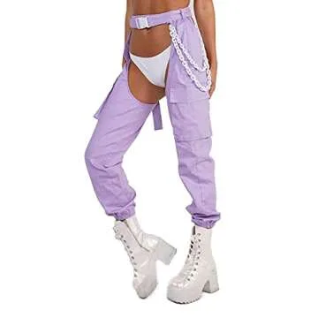 iHeartRaves Baby Doll Chain High Waisted Rave Chaps for Women Sexy Cut Out Festival Pants and Rave Bottoms for EDM Festivals (Lavender, Small)