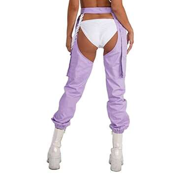 iHeartRaves Baby Doll Chain High Waisted Rave Chaps for Women Sexy Cut Out Festival Pants and Rave Bottoms for EDM Festivals (Lavender, Small)