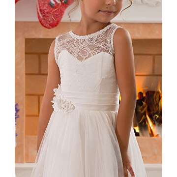 Lace Embellished A-Line Sleeveless Girls Wedding Party Dresses Size 6,Ivory