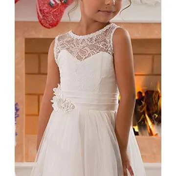 Lace Embellished A-Line Sleeveless Girls Wedding Party Dresses Size 6,Ivory