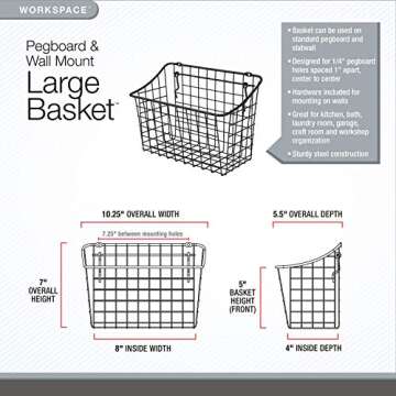 Spectrum Pegboard & Wall Mount Wire Basket Large (Industrial Gray) - Storage & Organizer for Garage, Tools, Shed, Home, Work Bench, Crafts, & More