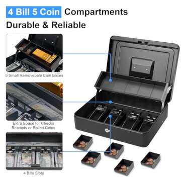 Polspag Cash Box with Lock and 2 Keys, Metal Money Box with Cash Tray, Portable Lock Safe Box, 4 Bil...