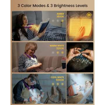 Glocusent Upgraded LED Neck Reading Light, Book Light for Reading in Bed, 30-min Timer, 3 Colors & 3 Brightness Adjustable, Rechargeable & Long Lasting, Perfect for Reading, Knitting