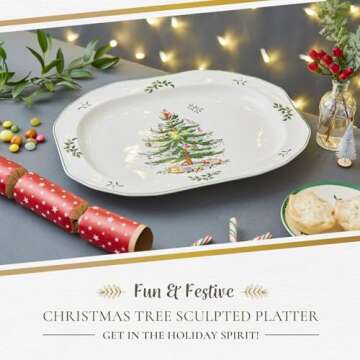 Spode Christmas Tree 19" Serving Platter - Porcelain Holiday Tray for Entertaining