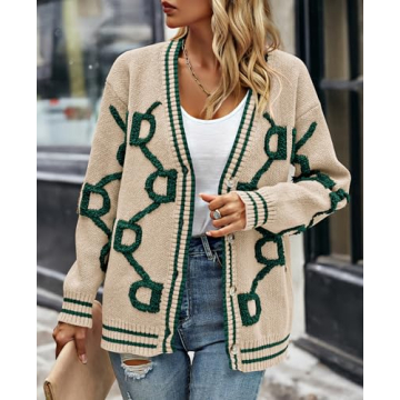 PRETTYGARDEN Women's Spring Chunky Knit Cardigan Sweaters Casual Open Front Button Up Winter Coats Outerwear (Apricot Green,Large)