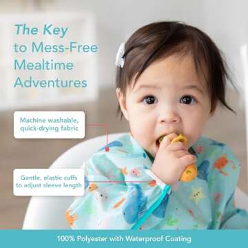 Bumkins Bibs, Baby and Toddler Girls and Boys 6-24 Months, Long Sleeve, Essential Must Have for Eating, Feeding, Mess Saving Lightweight Waterproof Fabric Sleeved Smock, Ocean Life