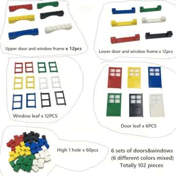 102 Piece Windows and Doors Building Blocks Accessories, Includes Doors and Windows, Assorted Colors Set of 6 for Building, Compatible with Lego Parts and Pieces