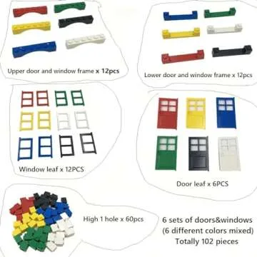 102 Piece Windows and Doors Building Blocks Accessories, Includes Doors and Windows, Assorted Colors Set of 6 for Building, Compatible with Lego Parts and Pieces