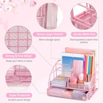 Pink Desk Organizers and Accessories, Pink Office Supplies with Mesh Desk Organizer, Acrylic Tape Di...