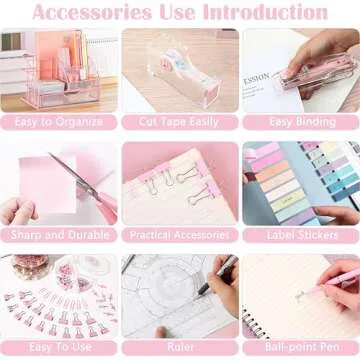 Pink Desk Organizers and Accessories, Pink Office Supplies with Mesh Desk Organizer, Acrylic Tape Dispenser and Stapler, Staples, Ballpoint Pen, Clips Set, Ruler, Scissor, Sticky Labels
