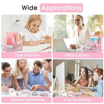 Pink Desk Organizers and Accessories, Pink Office Supplies with Mesh Desk Organizer, Acrylic Tape Dispenser and Stapler, Staples, Ballpoint Pen, Clips Set, Ruler, Scissor, Sticky Labels