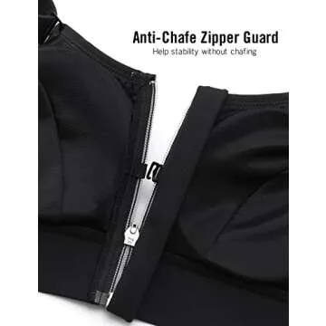 SYROKAN Womens' Sports Bra High Impact Support Zip Front Adjustable Large Bust Racerback Wirefree Padded Black 36DD