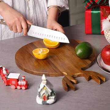 Uiifan 2 Pcs Christmas Cutting Board Charcuterie Board with Antler Handle Acacia Wood Serving Board Christmas Tree Board Chopping Board Platter Butcher Block for Kitchen Cheese Bread Salad Gifts