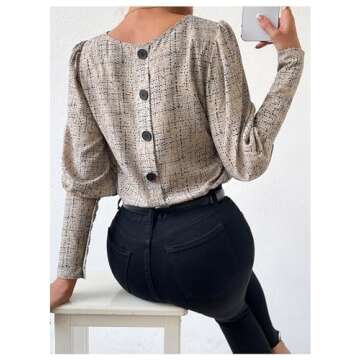 GORGLITTER Women's Button Back Work Blouse Leg of Mutton Long Sleeve Business Dressy Corporate Outfits