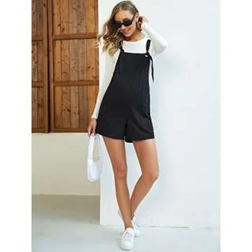 OYOANGLE Women's Maternity Overall Shorts Tie Knot Strap Short Romper Jumpsuit with Two Pockets Black M