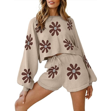 Ekouaer Knit Pajamas Set for Women - Cozy Lounge 2 Piece Outfit - Floral Khaki