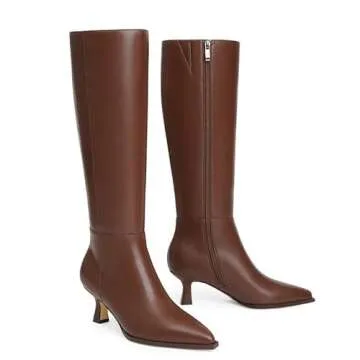 Modatope Kitten Heel Boots for Women Knee High Brown Pointed Toe Low Heel Tall Boots for Women Fall 2024 Calf High Heeled Long Leather Stiletto Boots Size 9.5