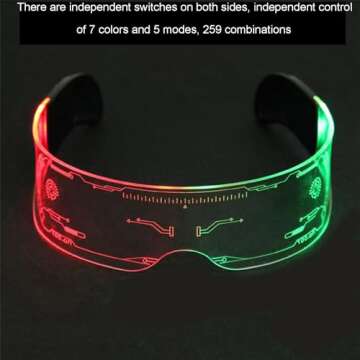 KASSAE Light Up Glasses LED Visor Glasses with 7 Colors and 4 Modes - Cyberpunk Luminous Glasses for...