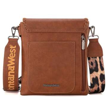 Montana West Crossbody Bags for Women with Dual Compartments Western Cross Body Purse with Leopard Print Guitar Strap MWC-183DBR