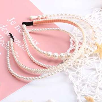 NAISIER 4 Pieces Pearls Headbands White Faux Pearl Rhinestones Headbands Bridal Hair Hoop Wedding Hair Fashion Hair Accessories for Women and Girls.