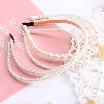 NAISIER 4 Pieces Pearls Headbands White Faux Pearl Rhinestones Headbands Bridal Hair Hoop Wedding Hair Fashion Hair Accessories for Women and Girls.