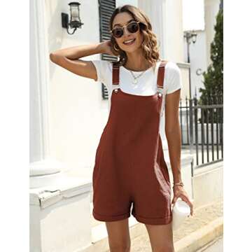 Yeokou Womens Cotton Linen Overalls Casual Summer Rompers Jumpsuit Bib Shortalls(Red-L)