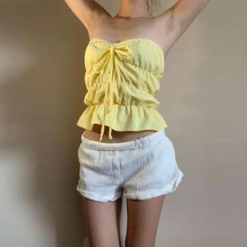 Women Strapless Crop Tube Top Tie-up Halter Neck Backless Slim Fit Ruched Summer Bandeau Tops Clubwe...