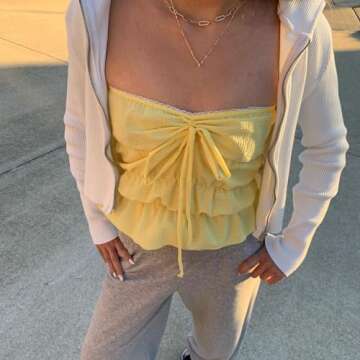 Women Strapless Crop Tube Top Tie-up Halter Neck Backless Slim Fit Ruched Summer Bandeau Tops Clubwear (Yellow, S)