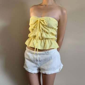 Women Strapless Crop Tube Top Tie-up Halter Neck Backless Slim Fit Ruched Summer Bandeau Tops Clubwear (Yellow, S)