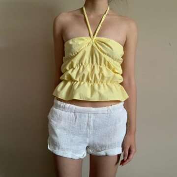 Women Strapless Crop Tube Top Tie-up Halter Neck Backless Slim Fit Ruched Summer Bandeau Tops Clubwear (Yellow, S)