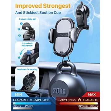 Cell Phone Holder for Car, [Super Stable & Durable] Upgraded Strongest Suction Car Phone Mount, 3-in-1 Suction Cup Phone Holder Windshield/Dashboard/Air Vent, Hands-Free Washable for All Mobile Phones