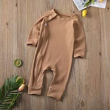 Afunbaby Newborn Baby Girl Boy Zipper Footed Romper Onesie Ribbed Ruffle One Piece Footie Jumpsuit Fall Clothes Outfit (Z-Khaki, 3-6 Months)