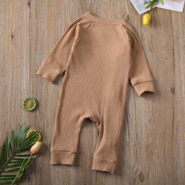 Afunbaby Newborn Baby Girl Boy Zipper Footed Romper Onesie Ribbed Ruffle One Piece Footie Jumpsuit Fall Clothes Outfit (Z-Khaki, 3-6 Months)