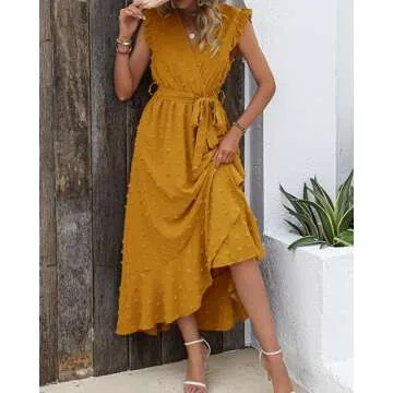 BTFBM Women 2024 Summer V Neck Dress Cap Sleeve Swiss Dot Boho Ruffle Slit Beach Cocktail Party Flow...