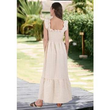 chouyatou Women's Retro Plaid Smocked Dress Spaghetti Strap Flounce Long Dress (Medium, Khaki)